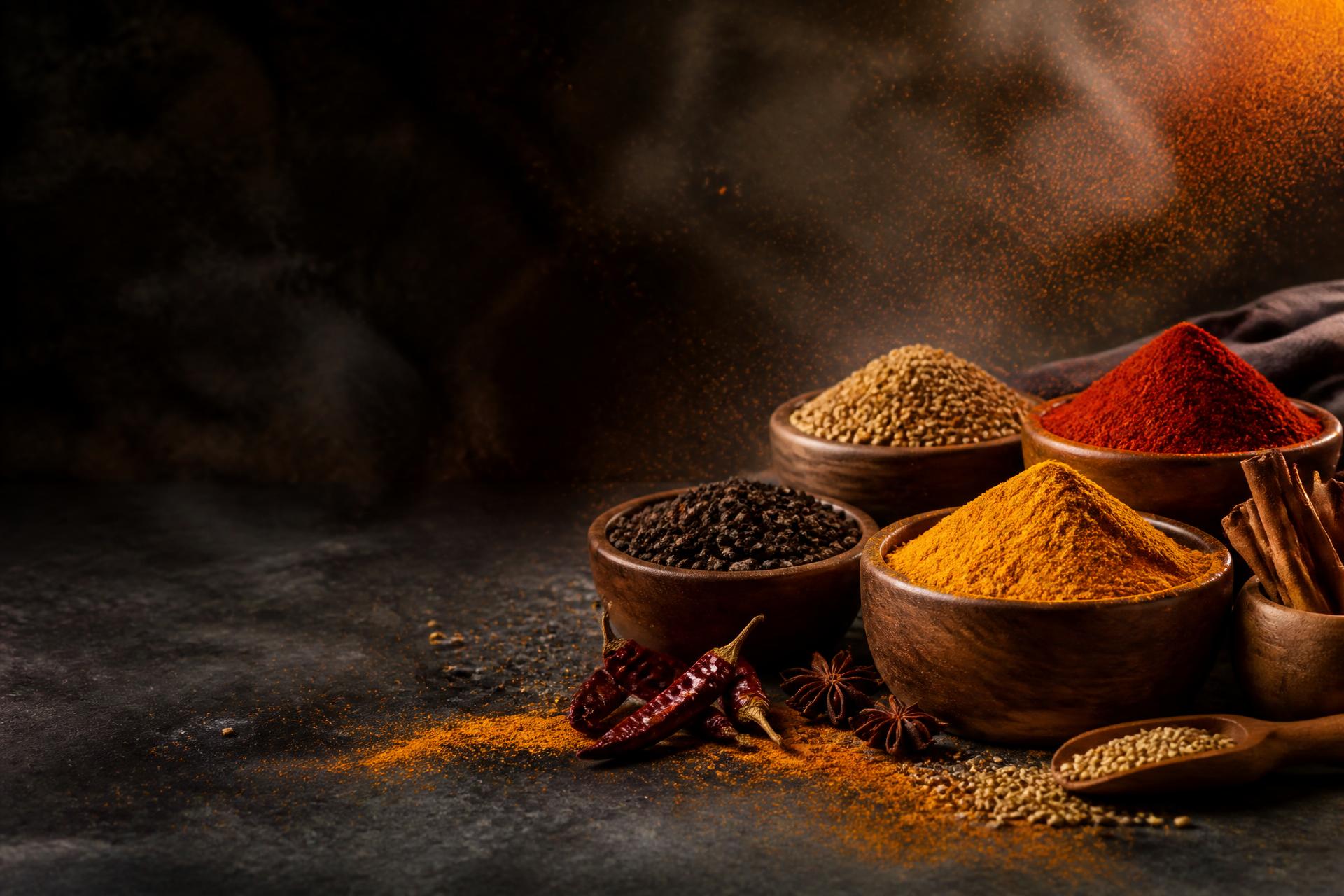 Freshly ground Indian spices in wooden bowls