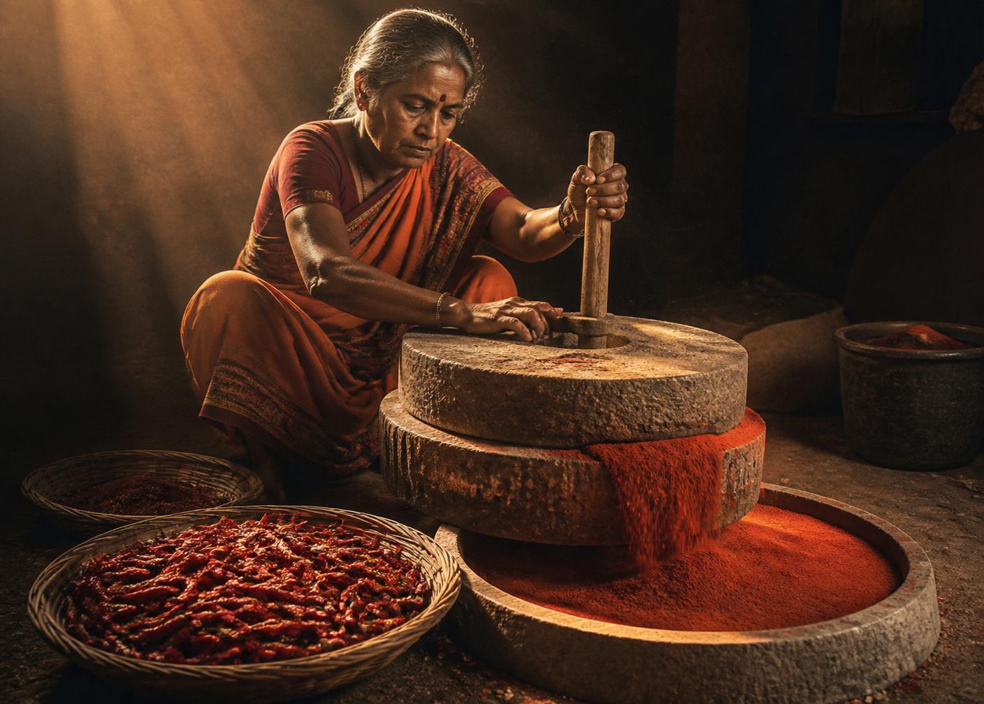 Traditional stone grinding of spices